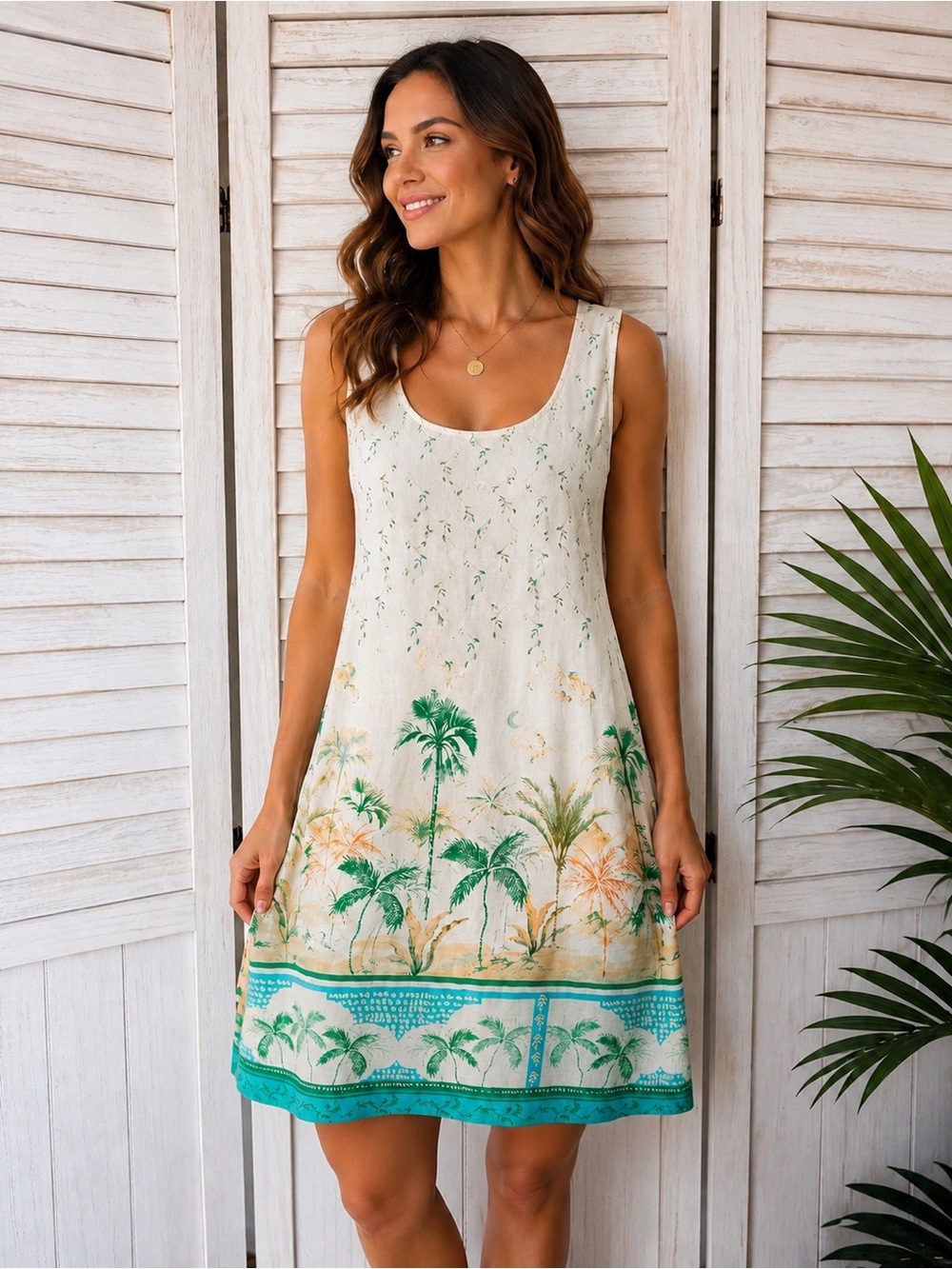 London Times Linen Blend Palm Tree Tropical Shift Dress US 4 Beach Resort NWOT